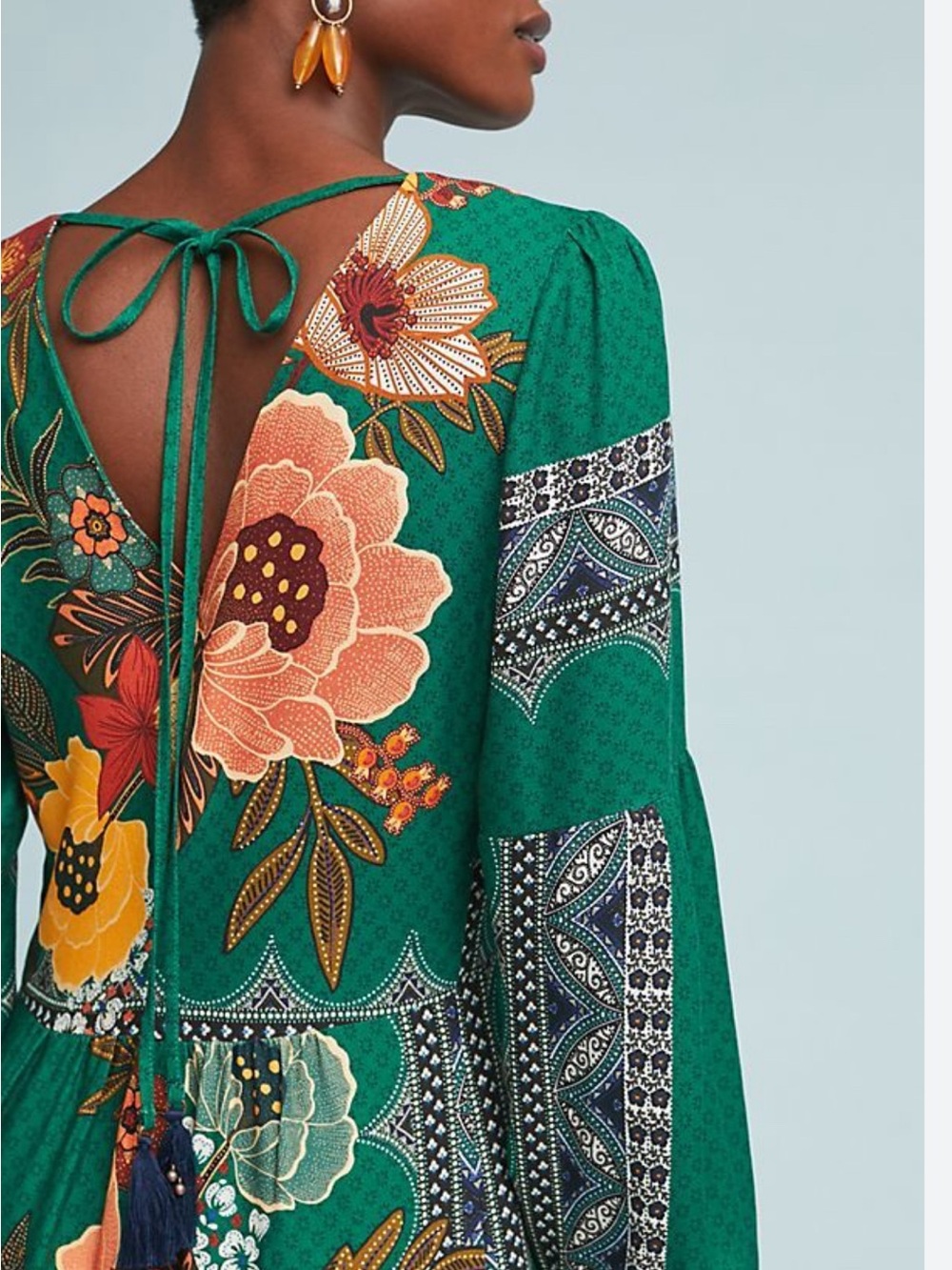 Farm Rio Anthropologie Verdor Maxi Dress Floral Long Sleeve Emerald Green M new - Picture 7 of 13